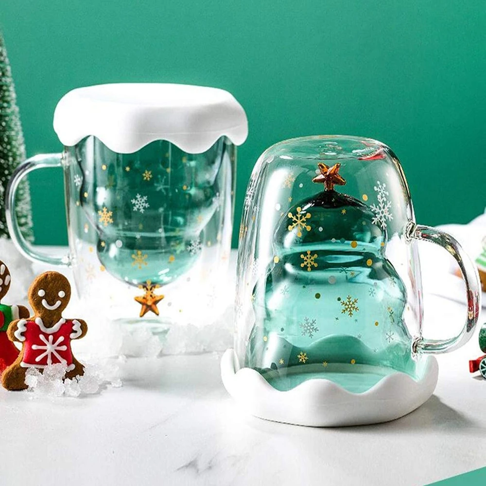 

Christmas Double Glass With Lid Ironing Proof Coffee Milk Mug Starry Breakfast Oatmeal Cup Household Cutlery Accessories