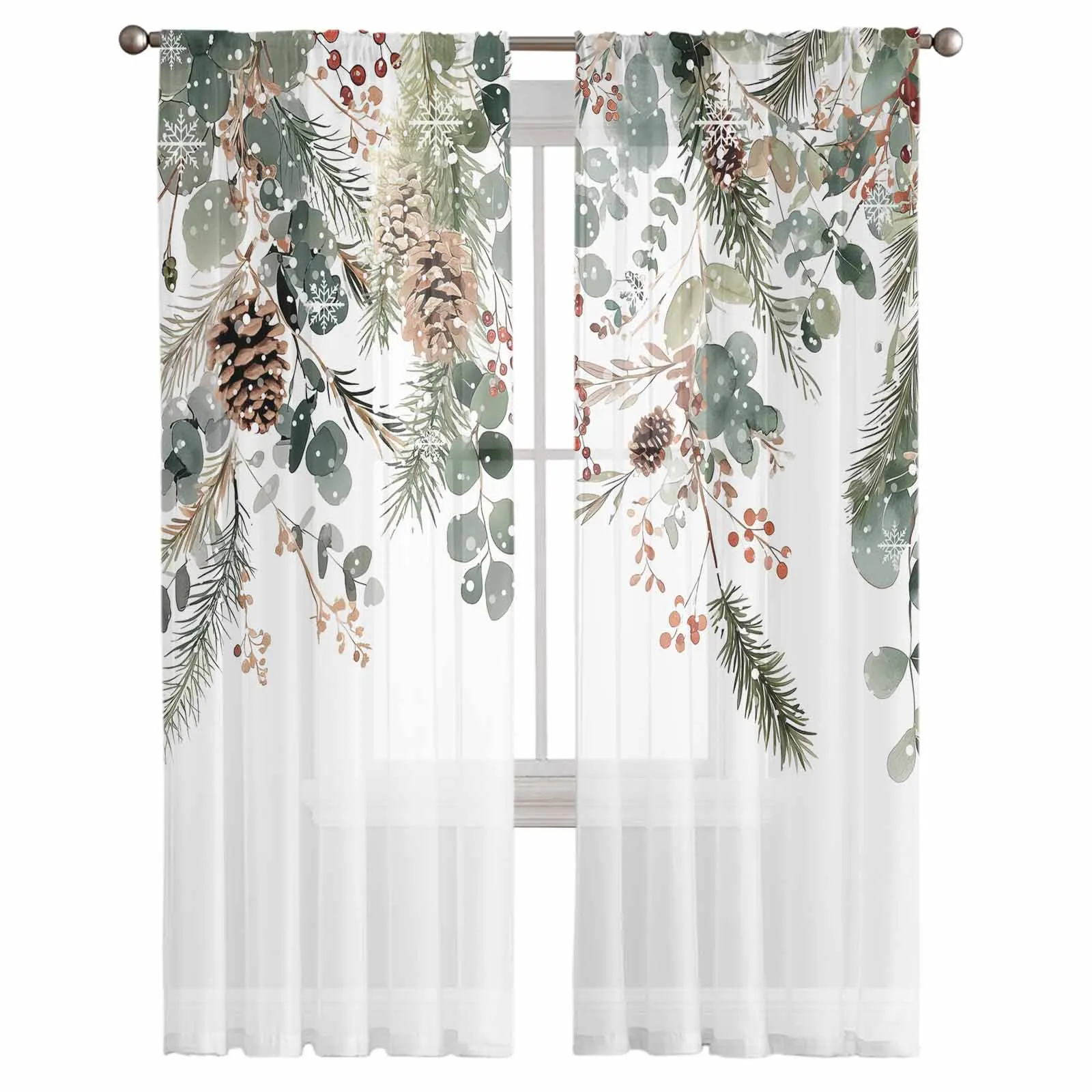 Winter Eucalyptus Leaves Berries Hazelnuts Window Tulle Curtains for Living Room Kitchen Christmas Decor Sheer Voile Curtains