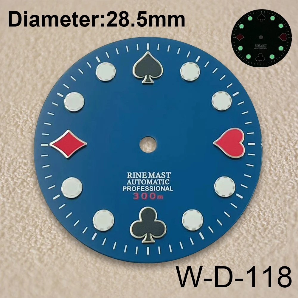 28.5mm S Logo Poker Dial Fit NH35/NH36/4R/7S Japanese Movement Green Luminous High-Quality Dial Watch Modification Accessories