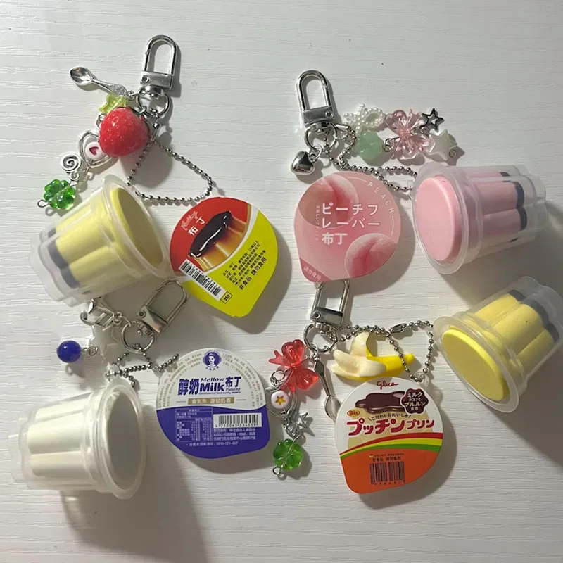 Llaveros blandos con pudín de flan de postre realista hechos a mano, joyería estética Y2K