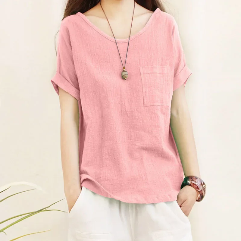 Green O-Neck Casual Solid Large Size Women Summer Top Women's T-shirt Loose Cotton Linen Blouse Short Sleeve Shirts Loose