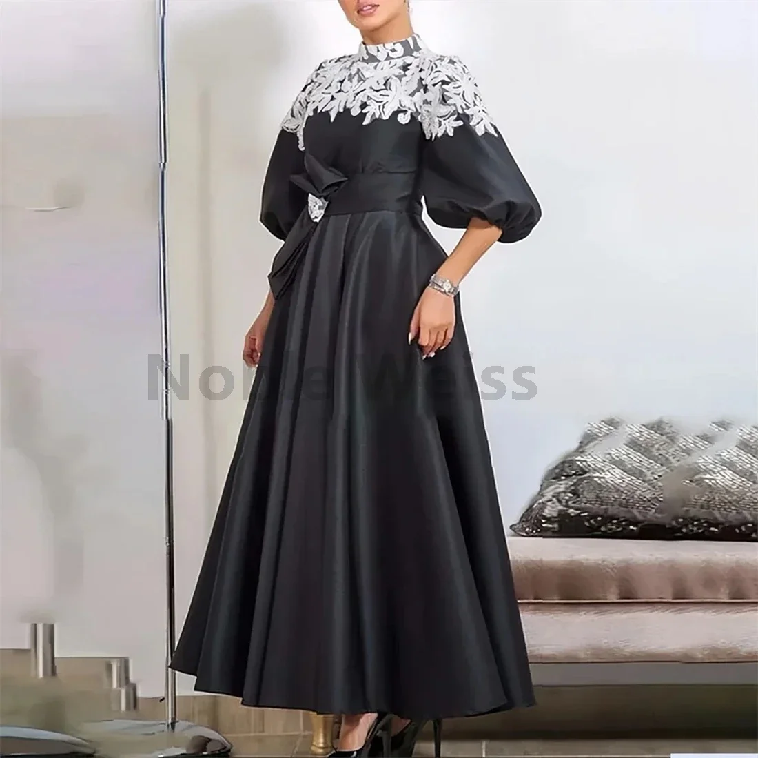 

Satin Prom Gown Formal High Collar A-line Skirts Lace Bespoke Occasion Dresses Customized