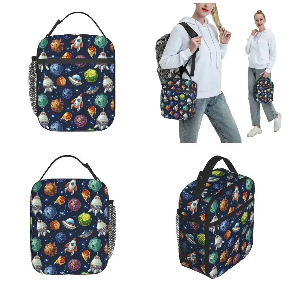 Comic Space Planets Spaceships Thermal Insulated School Lunch Bag for Boys Rocket Cartoon  Science Thermal Cooler Lunch Box