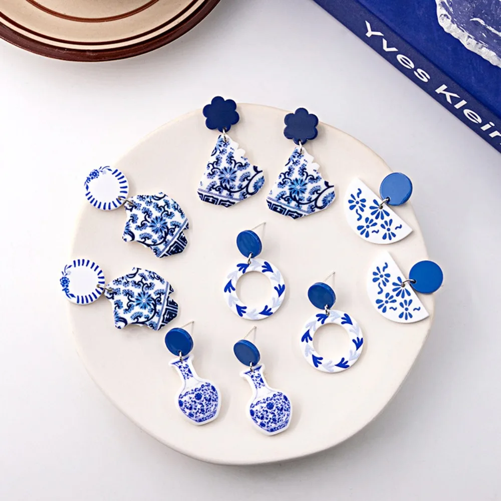 

Vintage Blue and White Porcelain Earrings Chinese Style Elegant Elegant Geometric Earrings Geometric Plating Cheongsam Ear Stud