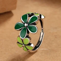 Silver Color Green Flower Ring Korean Leaf Rose Drip Oil Open Finger Rings for Women Girl Jewelry Gift Charm Fashion Accessories