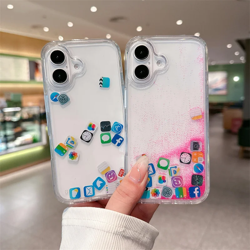 Etui na telefon z brokatem i ikoną aplikacji INS Apple do iPhone 17 16 15 14 13 12 11 Pro Max Plus, płynny piasek, błyszczące cekiny, tylna obudowa — zdjęcie produktu 3
