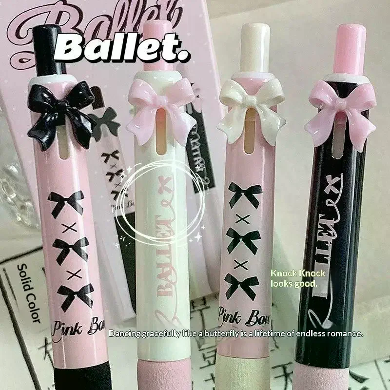 4 Pcs Black And White Bow Press Pen Soft Grip Super High Value 0.5mm Brush Question Quick Drying Press Cartoon Neutral Pen