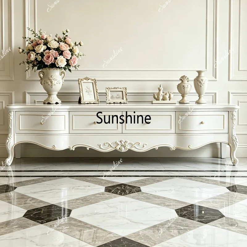 French TV cabinet, light luxury and simple, solid wood carving flower villa living room cream wind