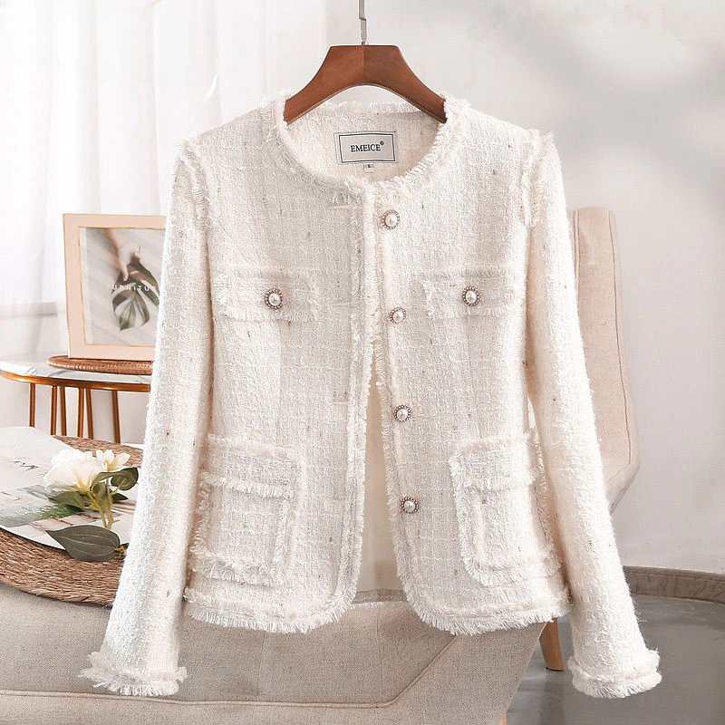 Small Fragrant Wind Short Jacket for Women, Round Neck, High-Grade, Leisure Tweed Outcoat, Versatile Outerwear, Spring and Autum