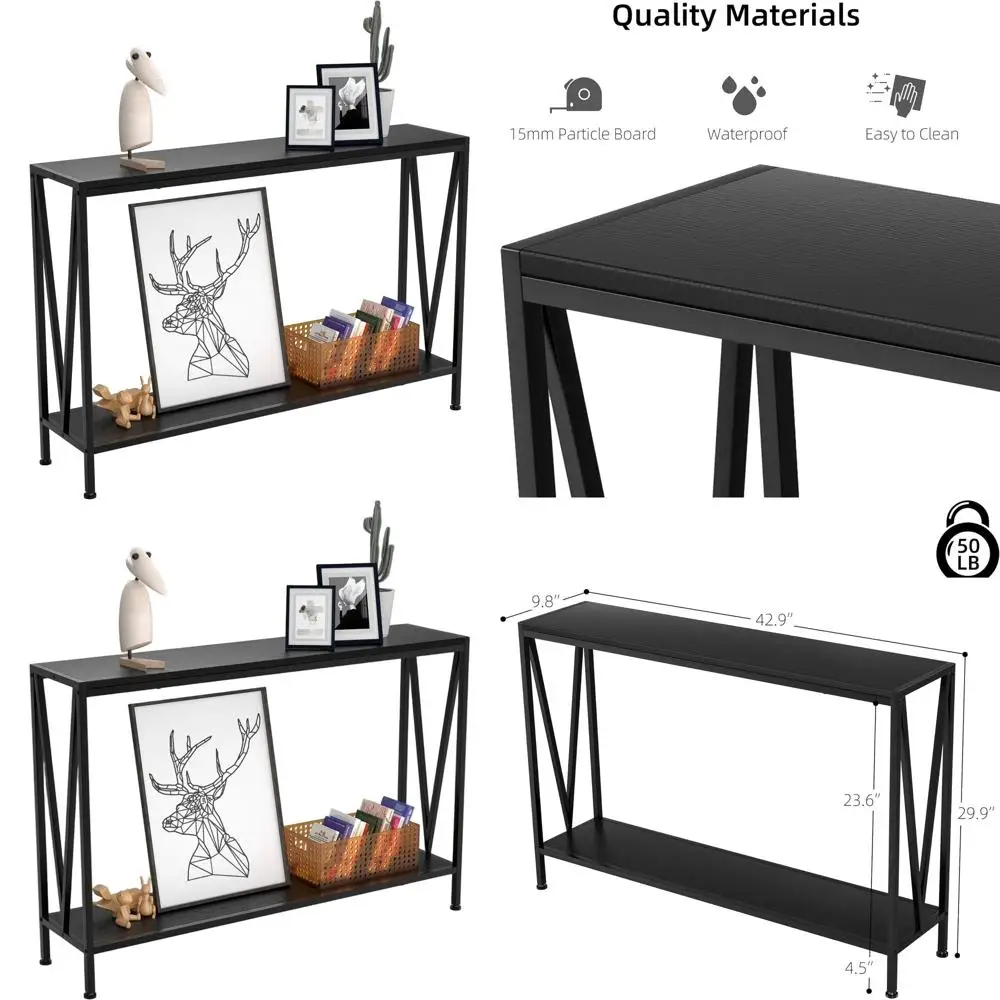 

Black 2-Tier Console Table with Storage Shelf, X-Design Bookshelf for Narrow Spaces in Entryways, Living Rooms, and Hallways