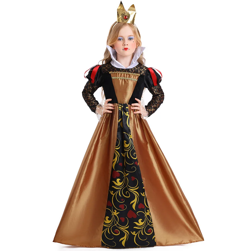 Girls Halloween Red Queen Cosplay Amazing Red Heart Queen Costume for Kids Halloween School Stage Evil Witch Cosplay Uniform