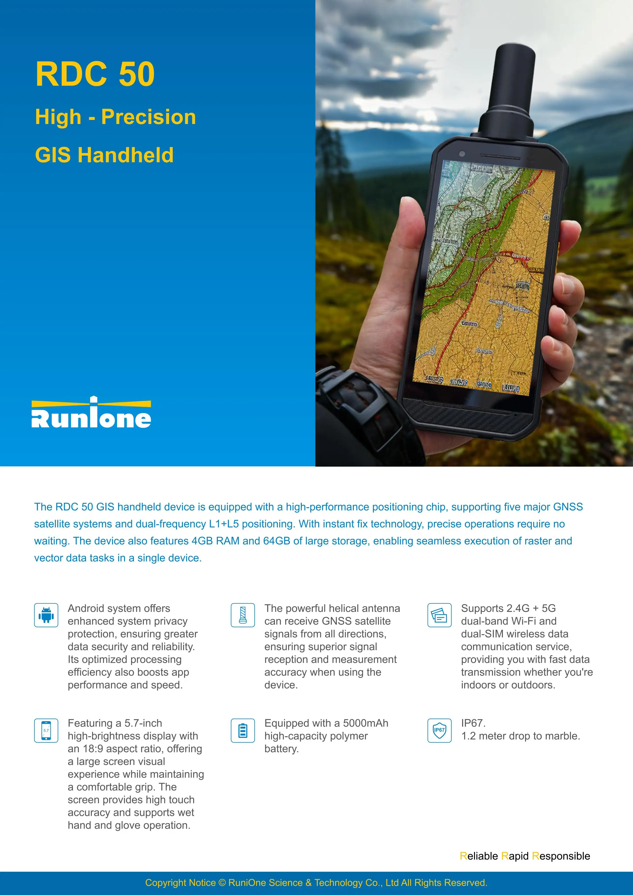 RDC50 720 X 1440HD 3.8V 5000mAh GNSS LTE GSM WiFi NFC 견고한 GIS 데이터 수집기 ​​매핑 사용