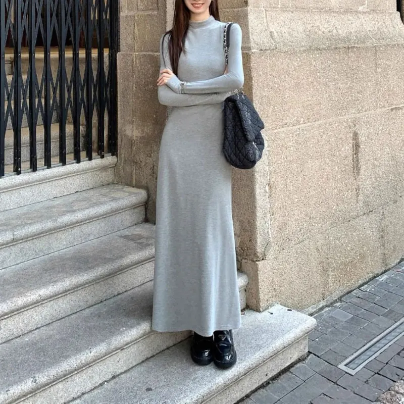 

Female Clothing Chic Folds Dresses Casual Turtleneck Autumn Winter Solid Color Basic Long Sleeve French Style Waist Long Dress