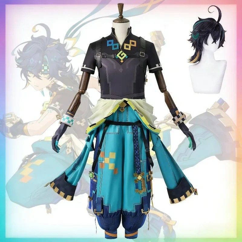 Genshin Impact Anime Kinich Cosplay-Kostüm, Perücken, Rollenspiel, Verkleidung, Oberteile, Hosen, Handschuhe, Ohrringe, Set, Comic Con, Halloween-Outfit