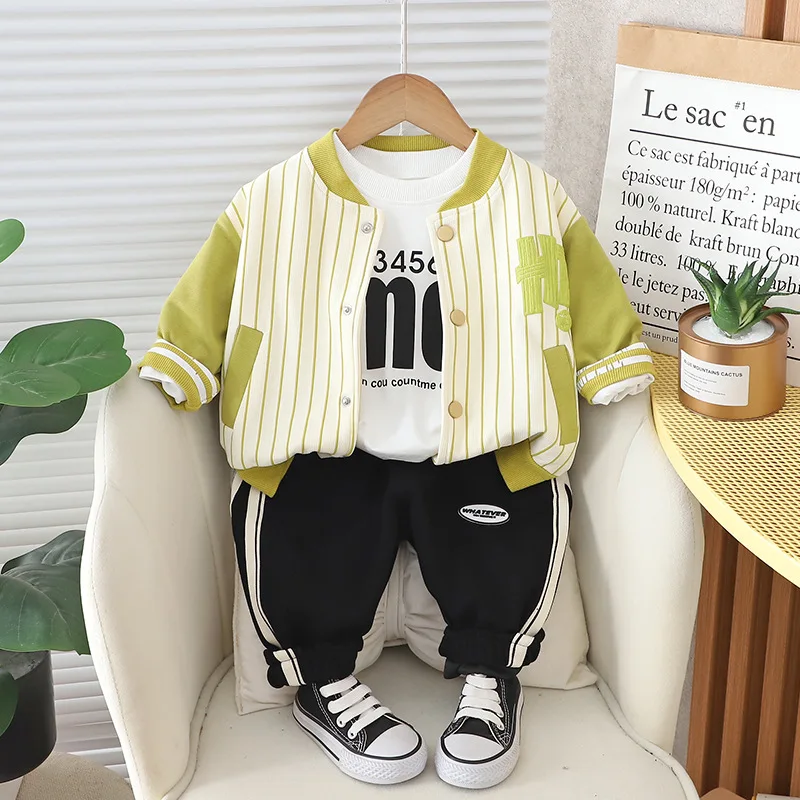 Baby Tracksuit Set 2024 Spring Boy Clothes 1 To 5 Years Casual Striped Cardigan Coats + White T-shirts + Pants Kids Boys Outfits