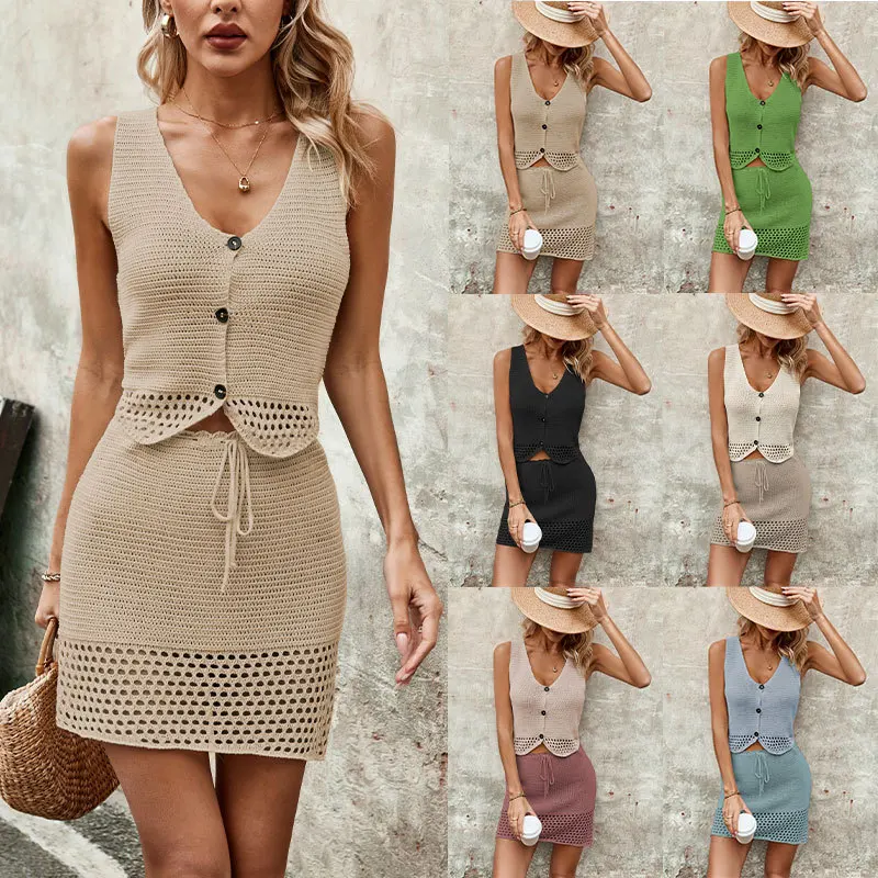 

2024 Spring Summer V-neck Vest Skirt Fashion Solid Color Set Women's Knitting Dress Women's Clothing