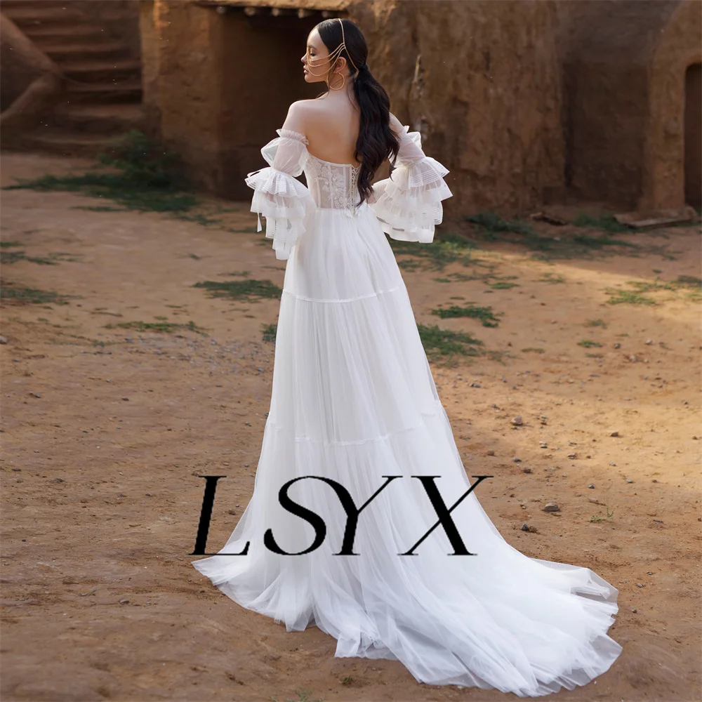 LSYX personnalisé Boho détachable manches longues hors épaule Tulle robe de mariée à lacets dos a-ligne chérie Court robe de mariée