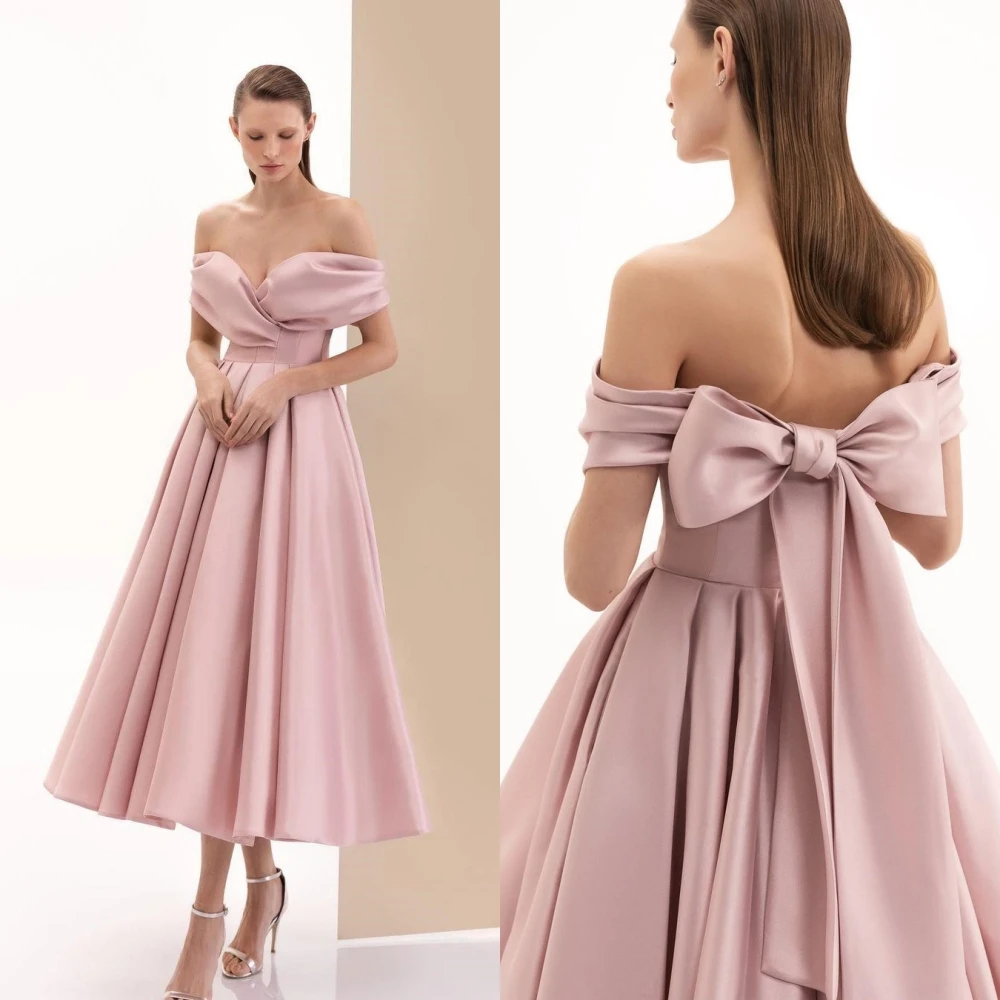 

Customized Simple Off-the-shoulder A-line Bows Skirts Open back s Anke length Sweetheart Evening elegant 롱원피스