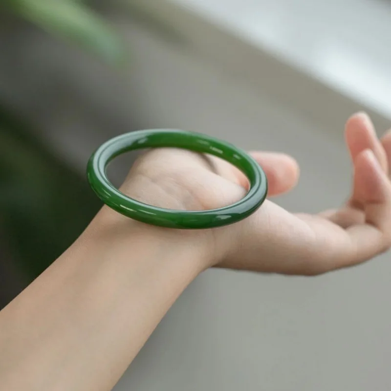 

Natural Xinjiang Hotan , Jadeite for Women, Thin Round Dingdang , Spinach Green Jade Bracelet, Beauty Brace