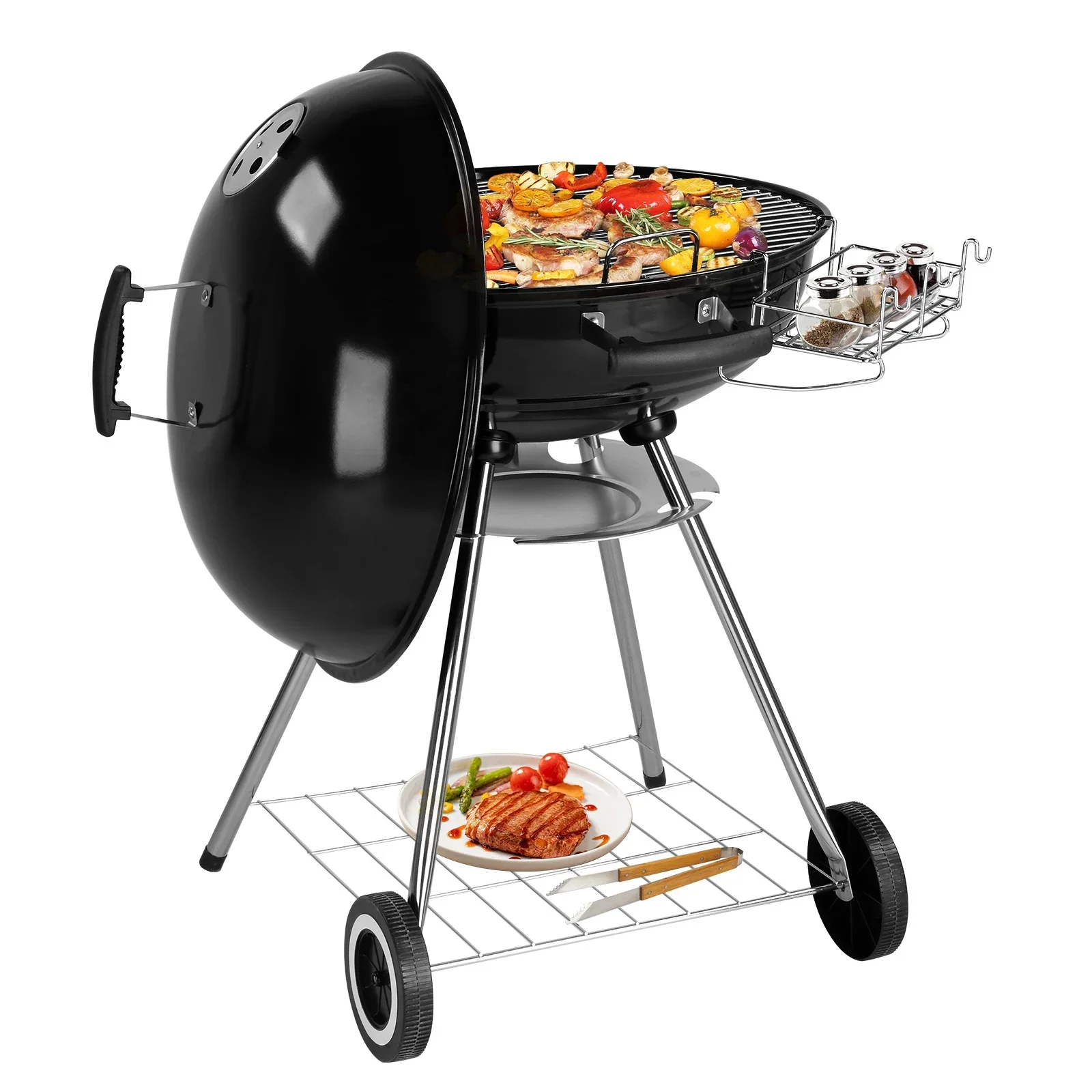 

28-Inch Portable Charcoal Grill with Wheels and Storage Holder, Porcelain-Enameled Lid and Ash Catcher & Thermometer, Round Barb