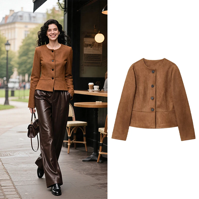 

Женская винтажная куртка, куртка 2025 г., женская осенняя куртка с круглым вырезом, однобортная юбка с талией, осенне-зимняя многослойная куртка Trafizaran