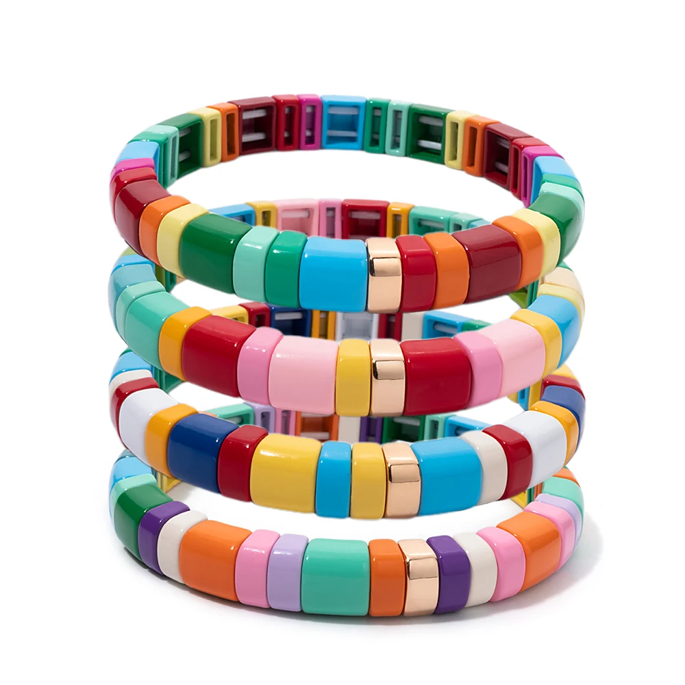2025 New Design 6x9mm Rainbow Enamel Bangle For Women Colorful Beads Elastic Bracelets