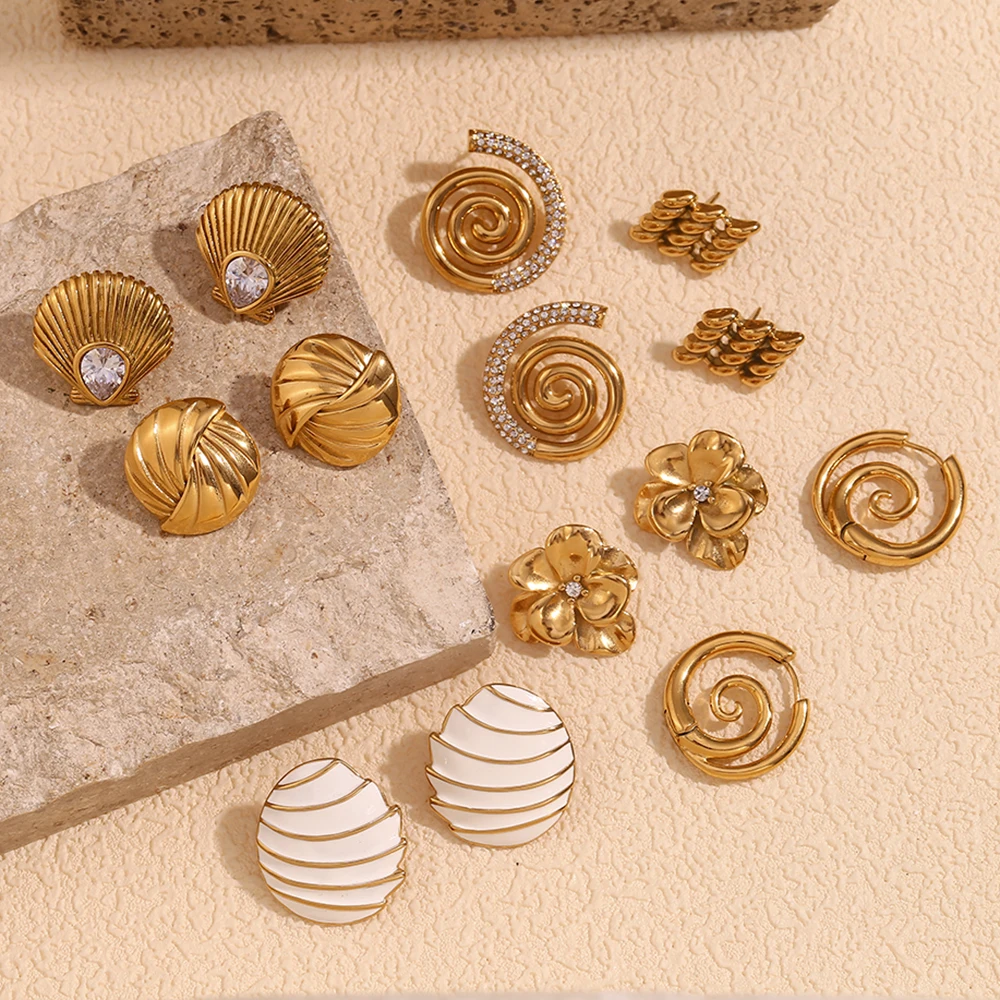 E.B.belle Spiral Conch Scallop White Braided Striped Circular Hollow Rhombus Splicing Sail Shaped Enamel Flower Earrings