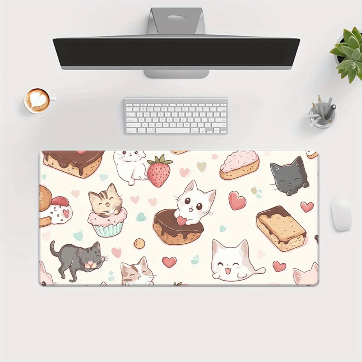 1pc Gatto con modello di design snack Tappetino stampato HD per scrivania, tappetino per mouse XXL multifunzionale, tappetini per mouse da gioco per tastiera, ufficio Com