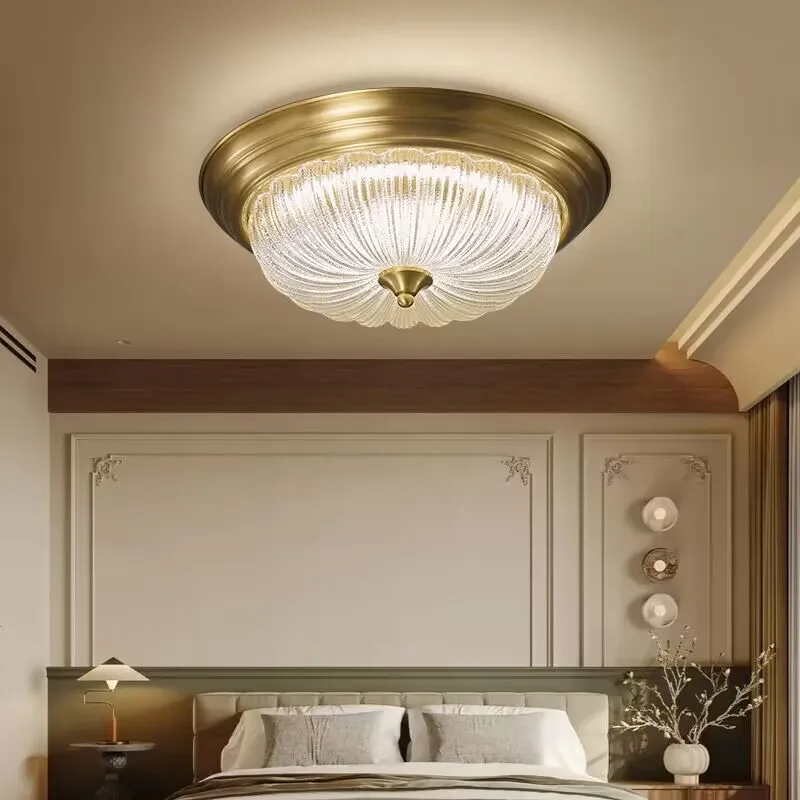 

All copper LED round ceiling lamp, luxurious ceiling lamp for villa bedrooms, dining room ceiling lamp, retro study copper lamp