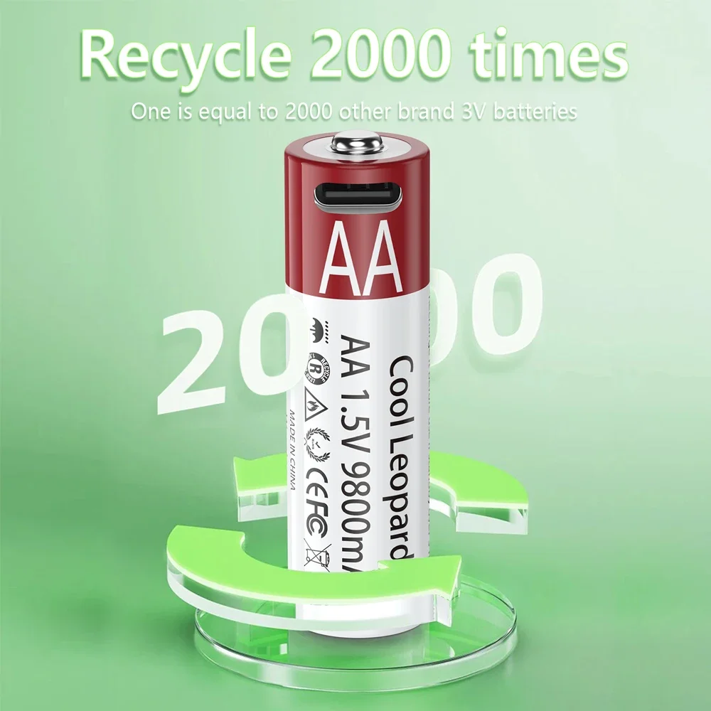 USB AA Rechargeable Batteries 1.5V 9800mAh Li-ion battery for remote control mouseElectric toy battery + Type-C Cable