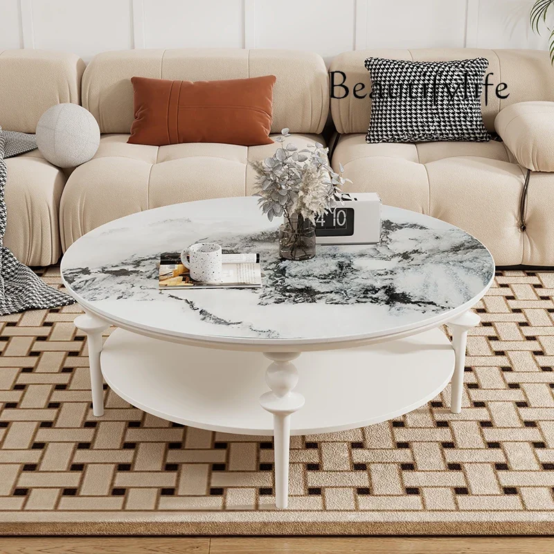 

Solid Wood round Coffee Table Middle and Ancient Small Apartment Simple and Light Luxury Stone Plate Home Side Table