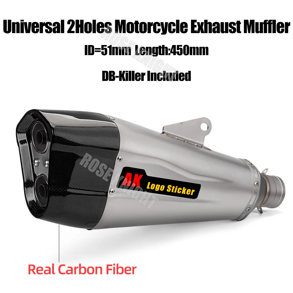 51mm Universal 2Holes AK Motorcycle Exhaust Muffler Escape For Z400 R3 CBR650 MT07 09 F850GS F1200GS ZX-6R TMAX560 Etc Modified