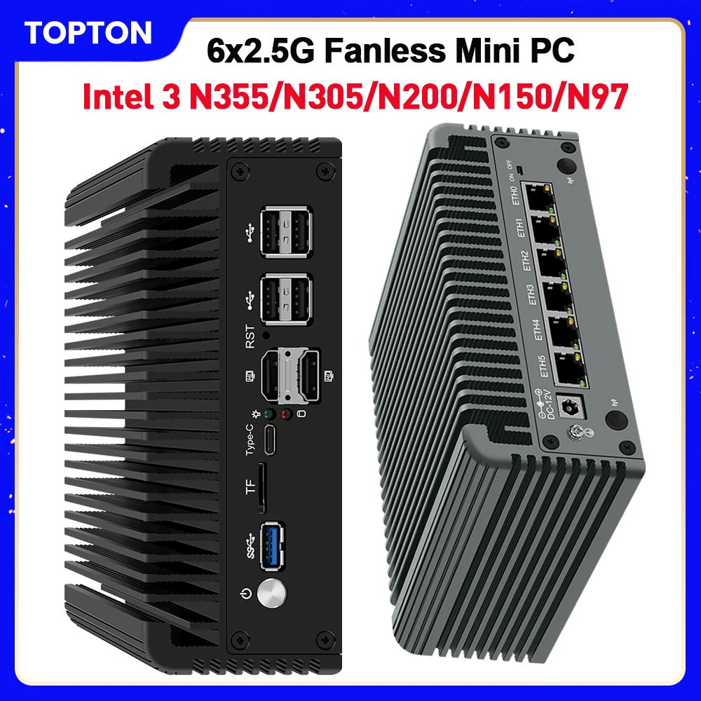 

Маршрутизатор для брандмауэров 6 LAN 2,5G Intel 3 N355 N200 N150 N97 i226-V Безвентиляторный мини-ПК DDR5 2xNVMe 1xSATA3.0 2xHD Type-C pfSense OPNsense