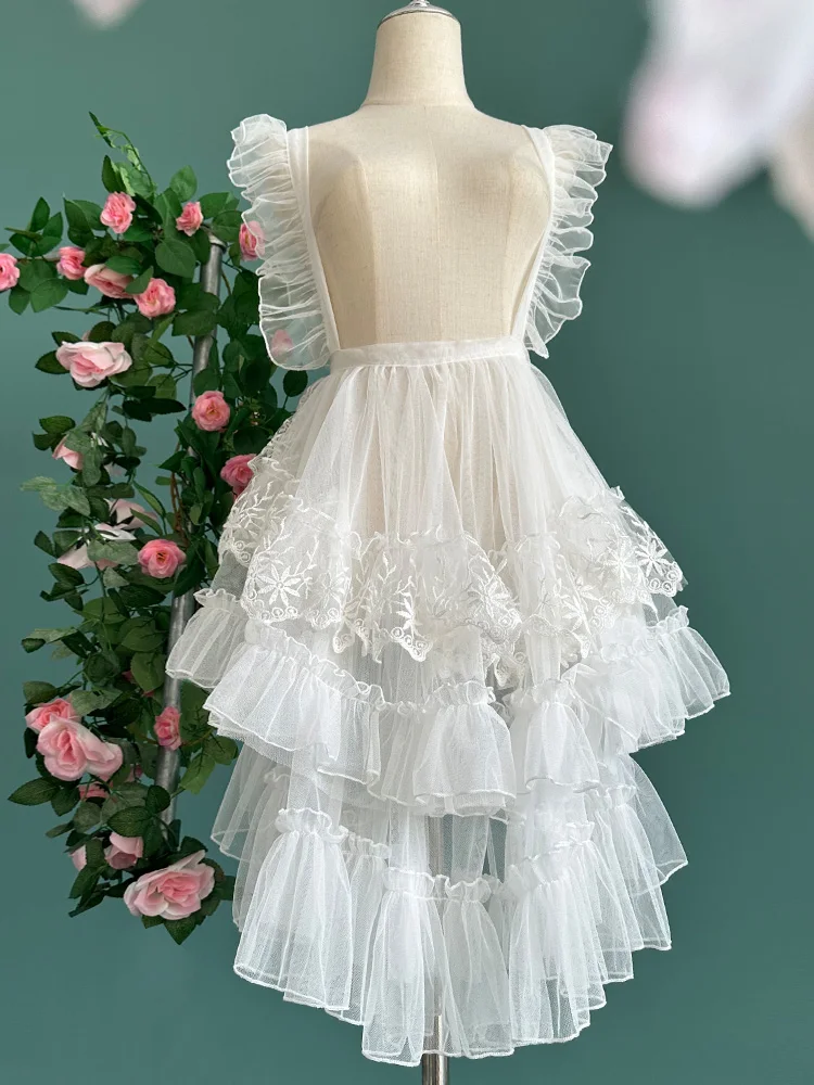 Royal Sweet Lolita Style Mesh Apron Ruffled Sheer Cover up Skirts Women Japanese White Kwaii Cute Princess Skirts