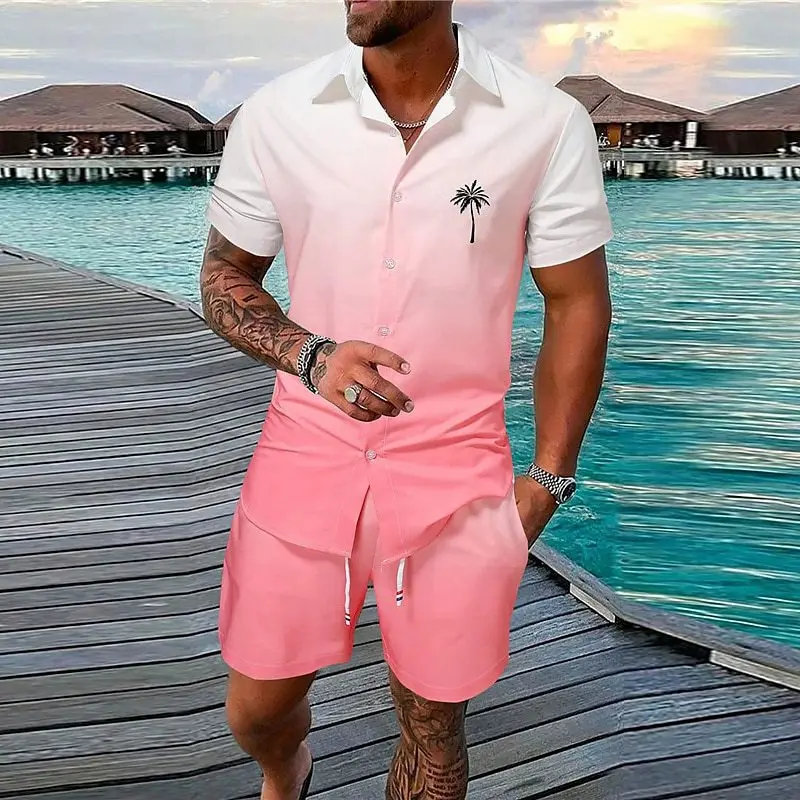 Europe and the United States Summer Men\'s Casual Shirt Set Hawaii Gradient 3D Printing Outdoor Short Sleeve Shorts 2-piece Set