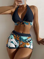 Conjunto de biquíni halter feminino, maiô curto, maiô de cintura alta, maiô estampado feminino, banho de natação, 2021