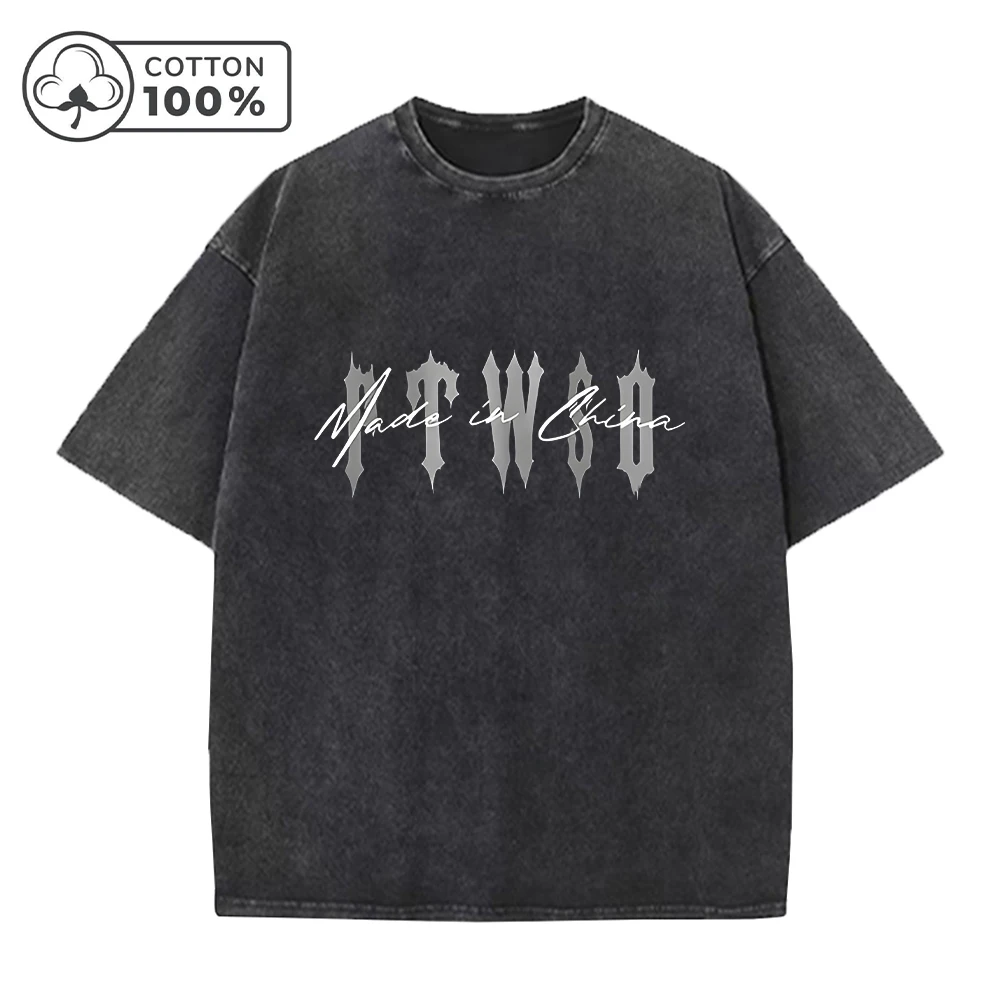 Men's Retro Washed T-Shirt Street Style Word Print Pure Cotton Short Sleeve Top Suitable For Daily Fitness Training And Commute