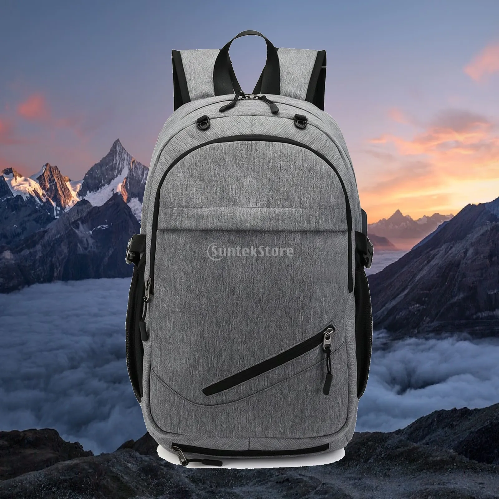 Travel Charging Backpack Men's Polyester Daypack with USB Port Front Pocket for Daily Commute