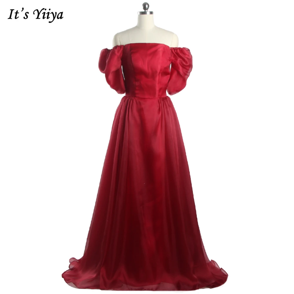 

It's Yiiya Evening Dresses Burgundy Strapless Short Sleeves Simple Lace up Pleat A-line Floor Length Plus size Party Dress B2037