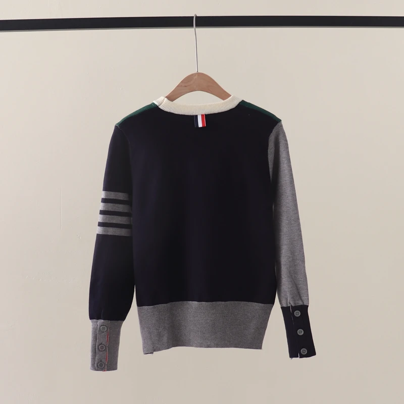 Autumn and Winter New TB Color Blocked Dog Jacquard Stripe Four Bar Round Neck Long Sleeve Knitted sweater with Bottom Sweater