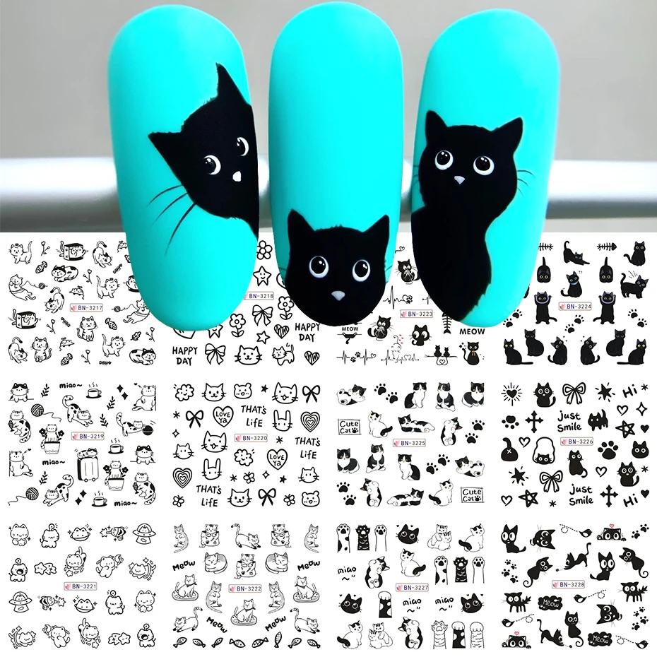 12가지 디자인의 검은 고양이 네일 워터 스티커 귀여운 카와이 만화 네일 아트 데칼 워터마크 전사 슬라이더 매니큐어 장식