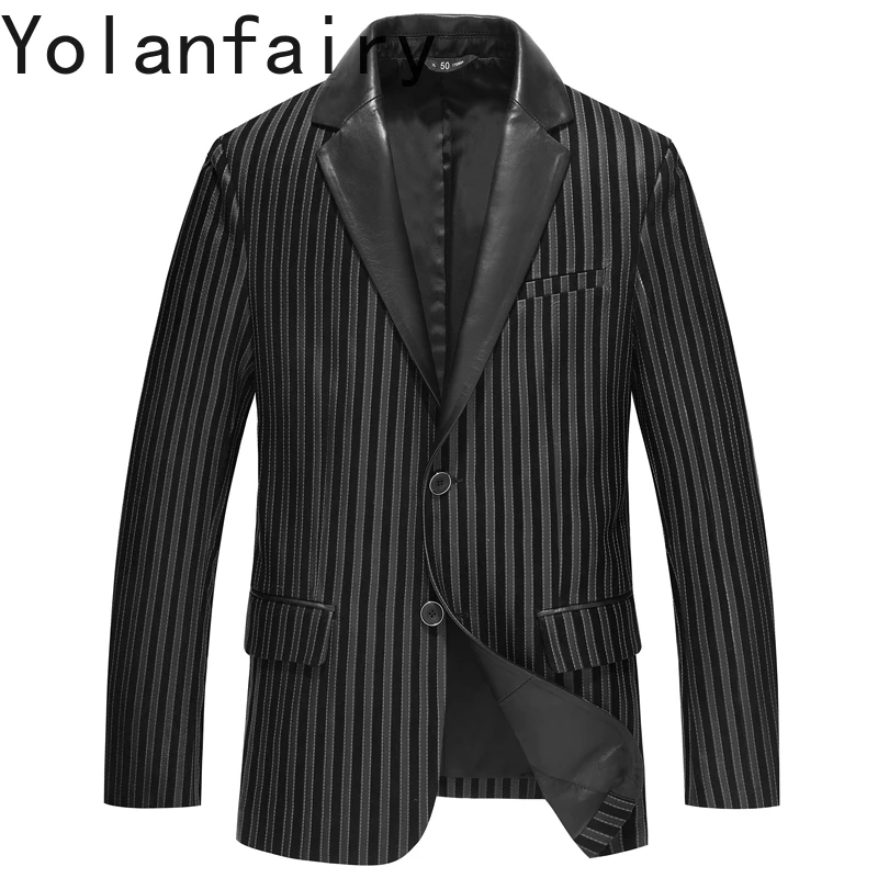 

YOLANFAIRY куртка из 100% натуральной кожи, мужской облегающий костюм, пальто, модные полосатые куртки из натуральной овчины, мужские повседневные деловые куртки