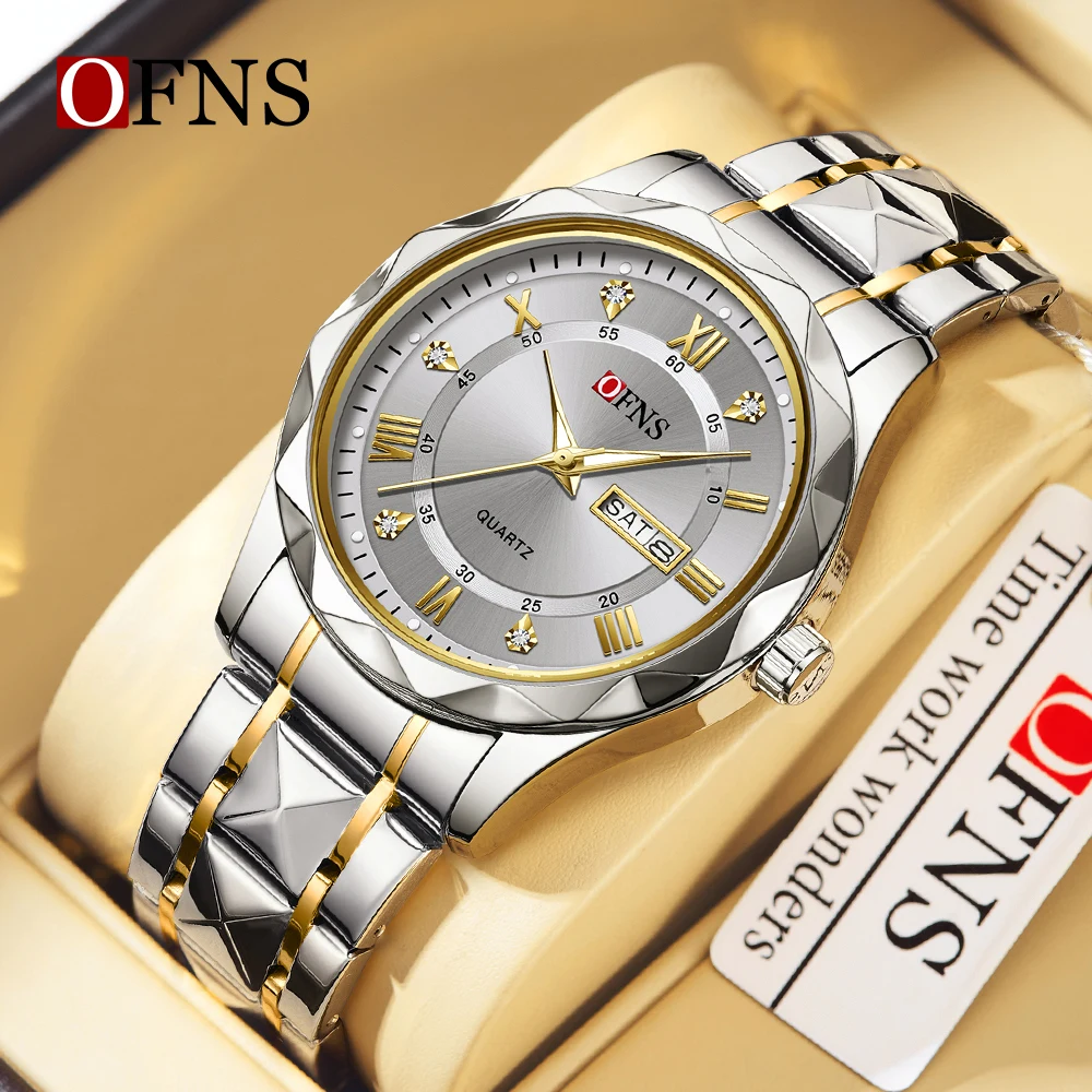 OFNS 7108 New Casual Men's Quartz Watch with Diamond Inlaid Double Calendar Waterproof Night Light Fashion Men's Watch 2025