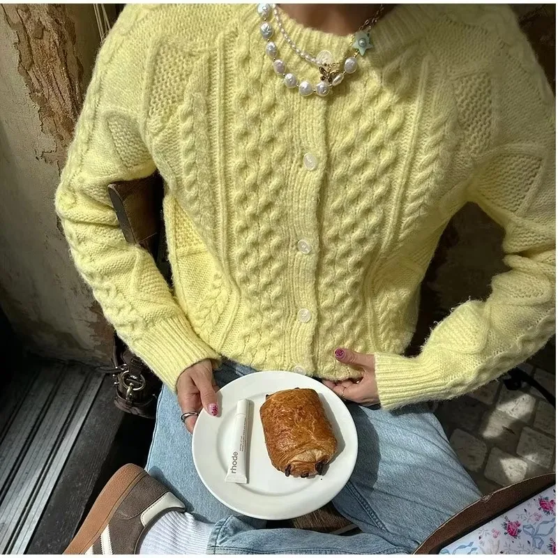 

Elegant Cardigan Sweater Women 2025 New Autumn Yellow Twist Knitted Top Single Breasted Long Sleeve Jumper Casual Knitwear Coat