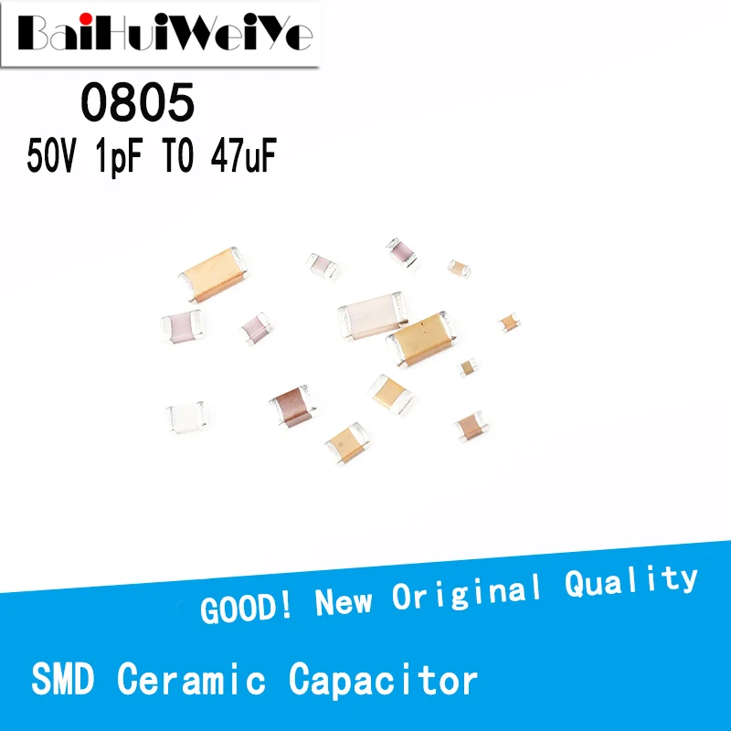 

100PCS 0805 Multilayer Ceramic Capacitor SMD Chip X7R Error 10% 50V 0.1UF 104 1pF ~ 47uF 2.2pF 1.2pF 4.7uF