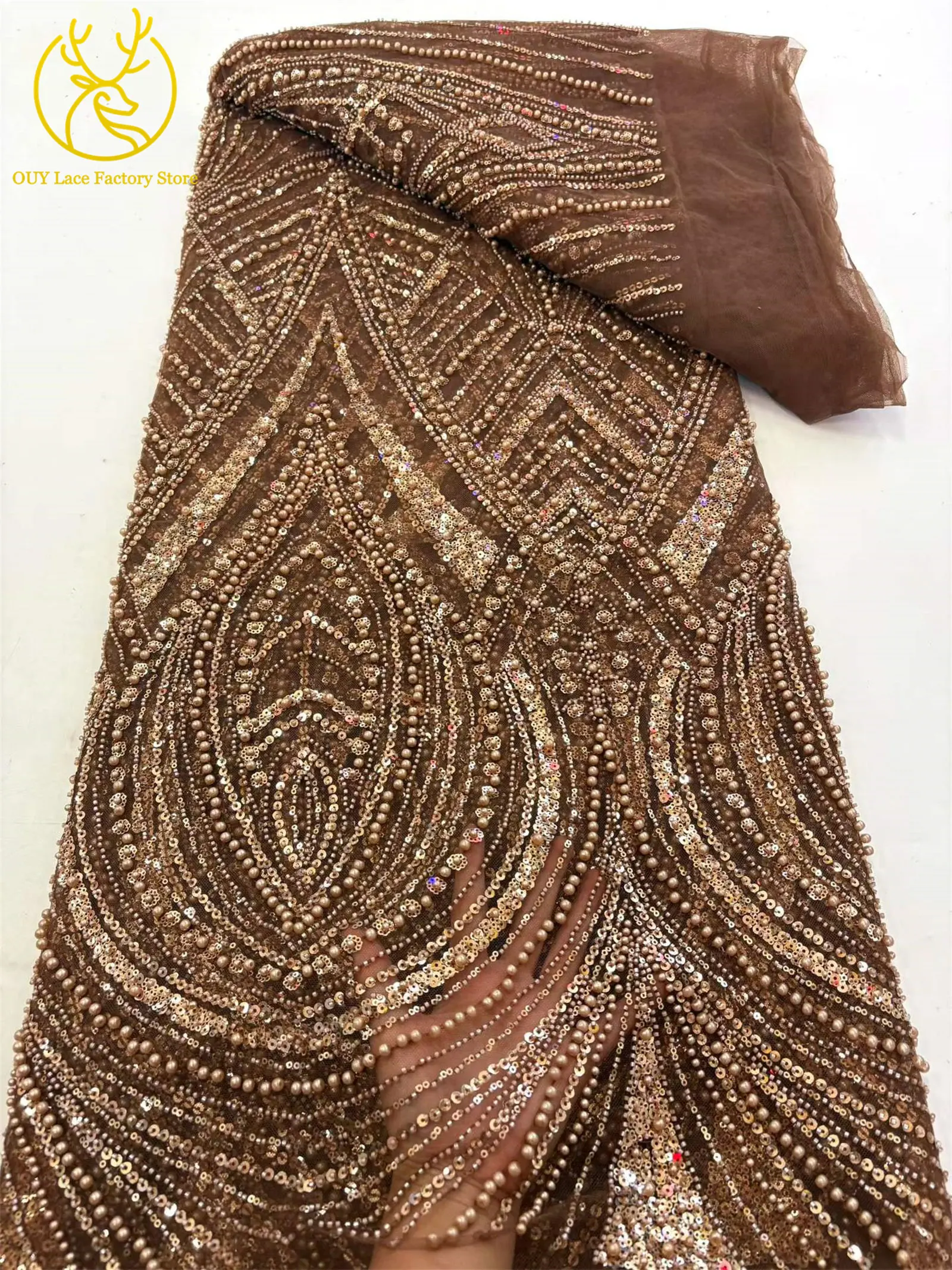 Afrikanischer Perlenstickerei-Spitzenstoff, 5 Yards, hochwertiger, eleganter Pailletten-Spitzenstoff, grün, nigerianisch, für Hochzeits- und Abendkleider – Detail 10