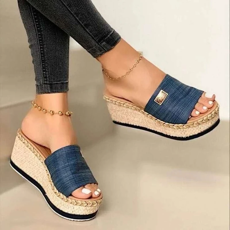 Zomer Dames Vis Mond Doek Europese Amerikaanse Instapper Mode Casual Sandalen Met Verhoogde Sleehak Wandelschoenen