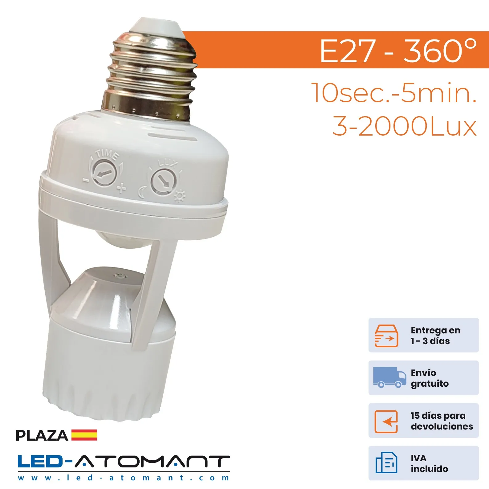 ATOMANT LED®E27 lamp holder with motion Detector and Twilight Sensor suitable for LED lighting lights