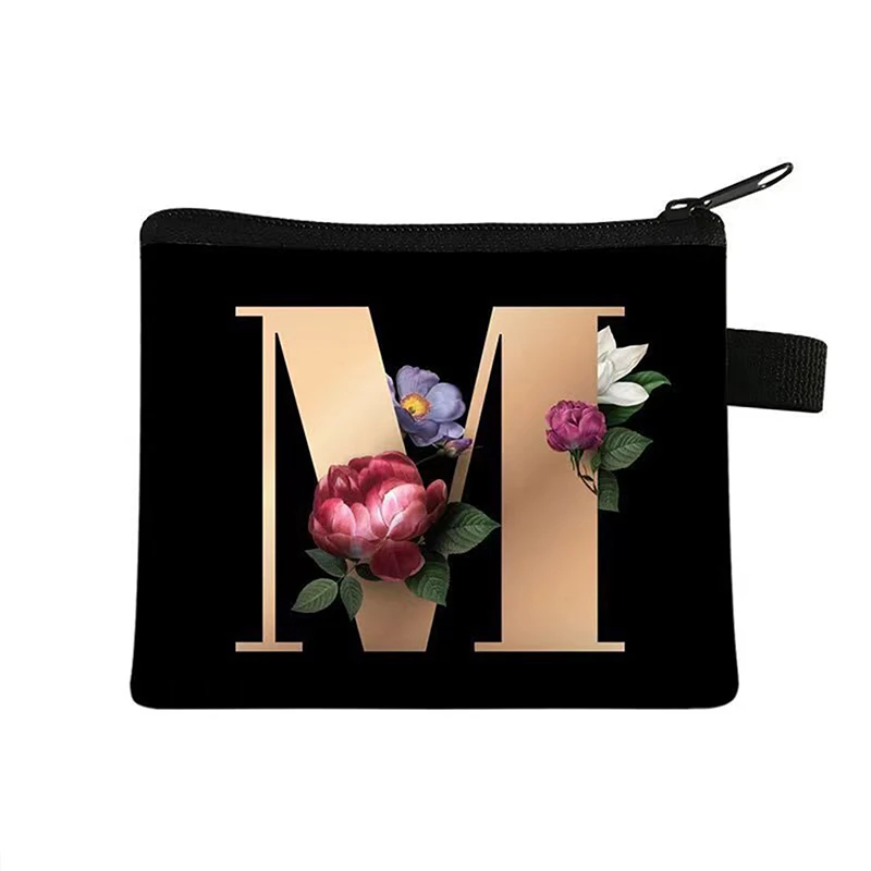 Monedero con 26 iniciales de A-Z para mujer, monedero con letras y flores, llavero con cremallera, bolsa pequeña Kawaii con pintalabios, bolsa bonita para regalo