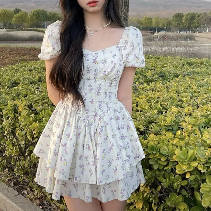 

High Waist Dress Women Summer Floral Sweet Square Collar Puff Sleeve Princess Girlish Tender Elegant Korean Style Preppy Chic